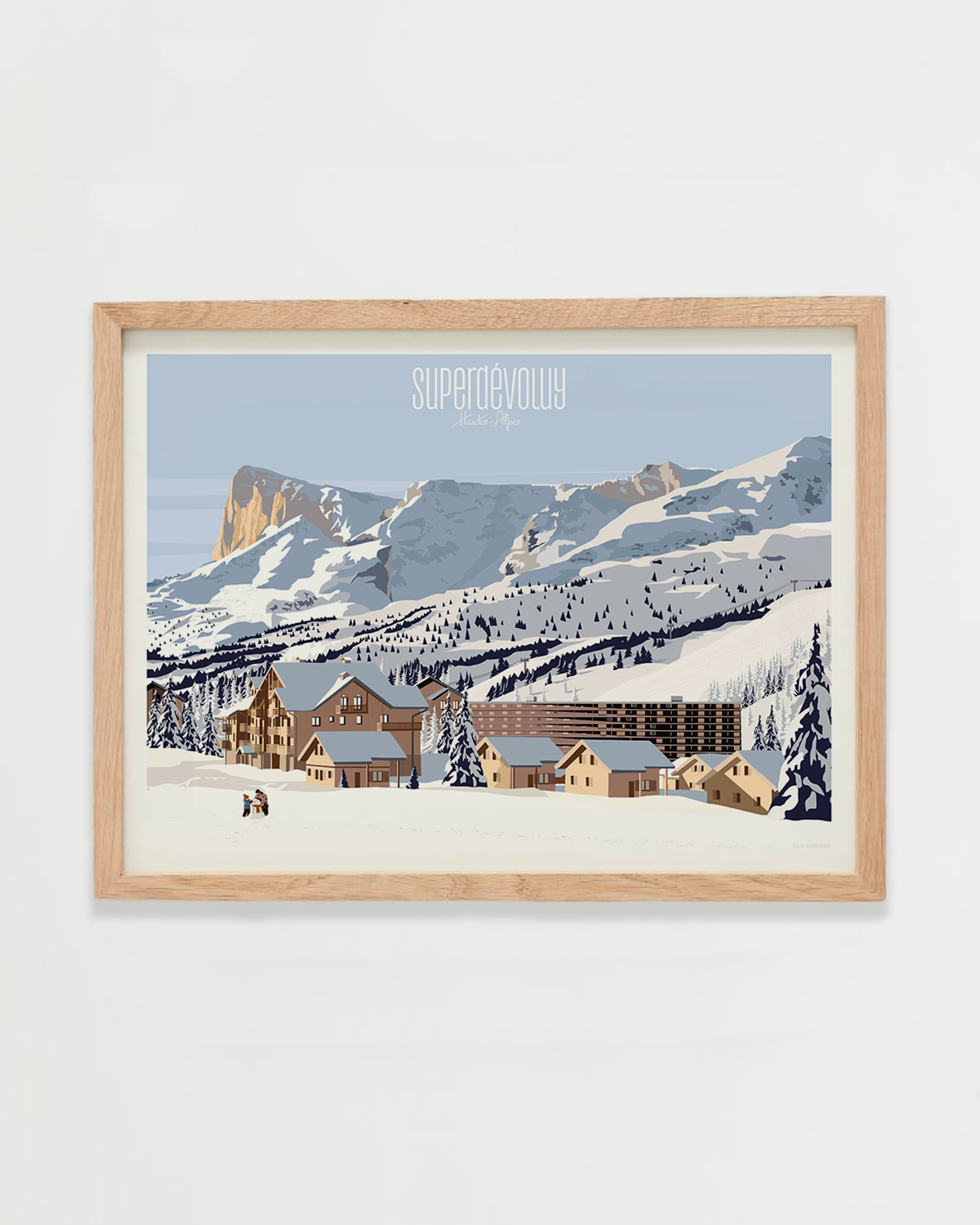 Affiche Superdévoluy représentant la station de ski enneigée avec le Pic de Bure en arrière-plan dans les Hautes-Alpes