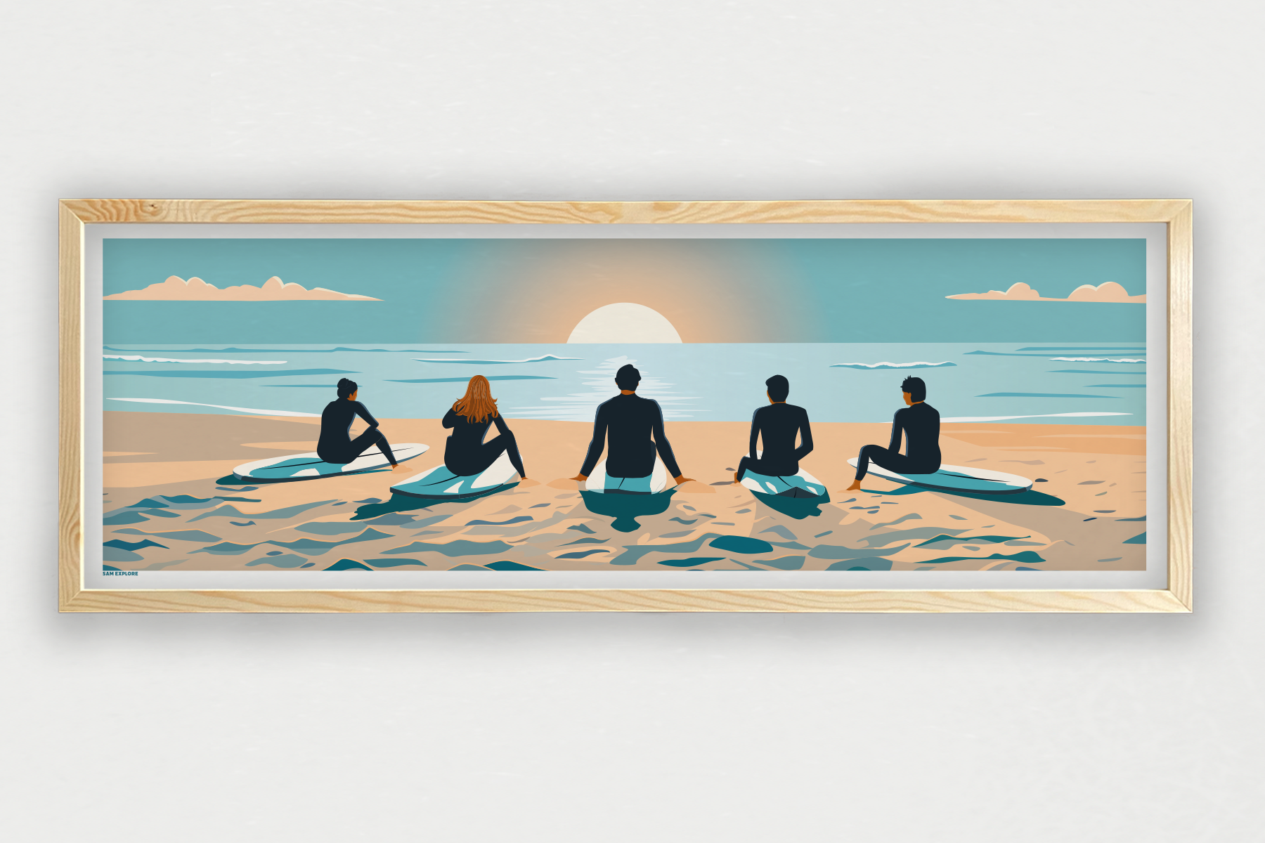 Affiche Surf Horizon – ambiance surf vintage et océan, vue encadrée bois clair