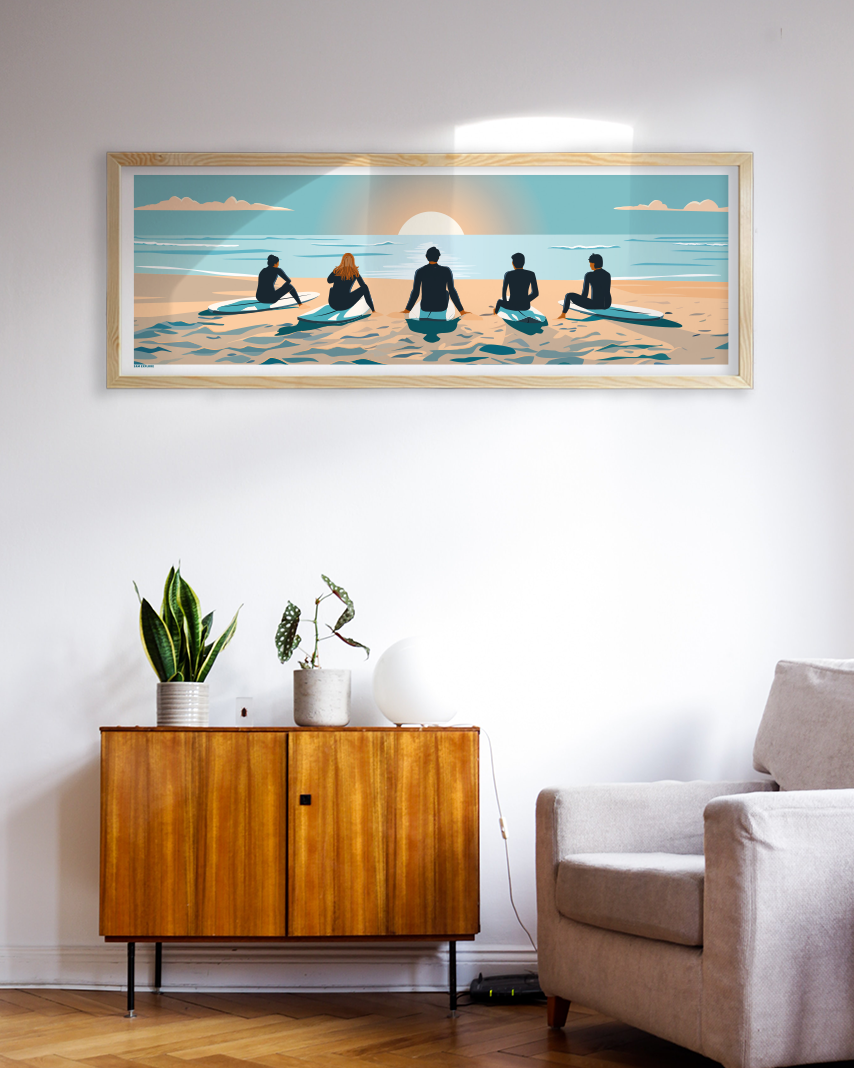 Affiche Surf Horizon – surfeur face à la vague au coucher du soleil, ambiance rétro