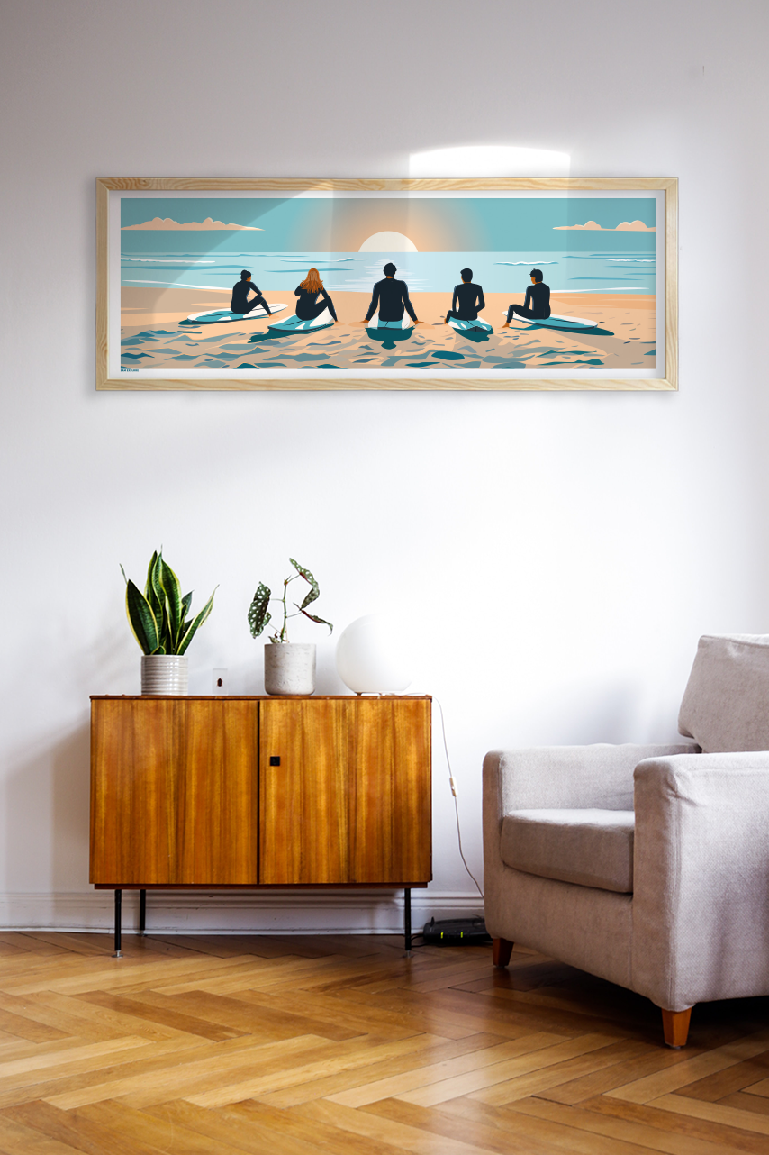 Affiche Surf Horizon – surfeur face à la vague au coucher du soleil, ambiance rétro