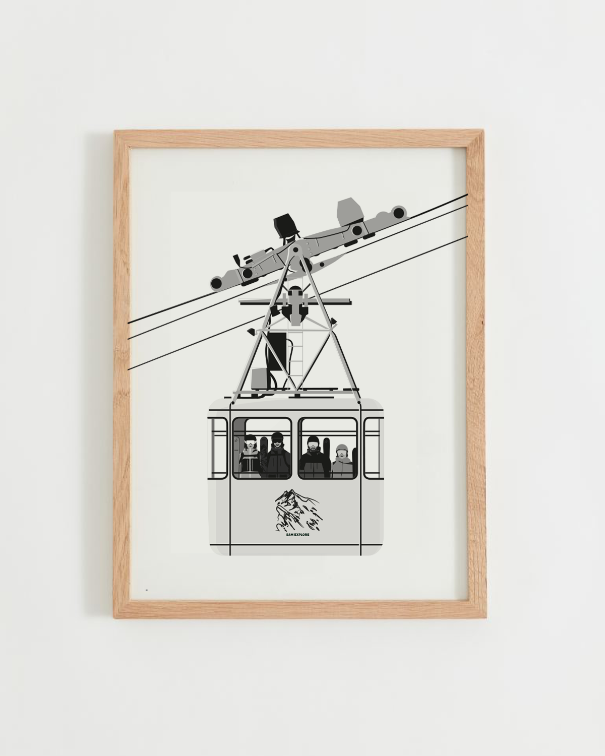 Affiche télécabine minimaliste en noir et blanc avec quatre skieurs à l’intérieur