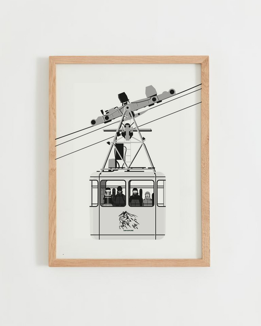 Affiche télécabine minimaliste en noir et blanc avec quatre skieurs à l’intérieur