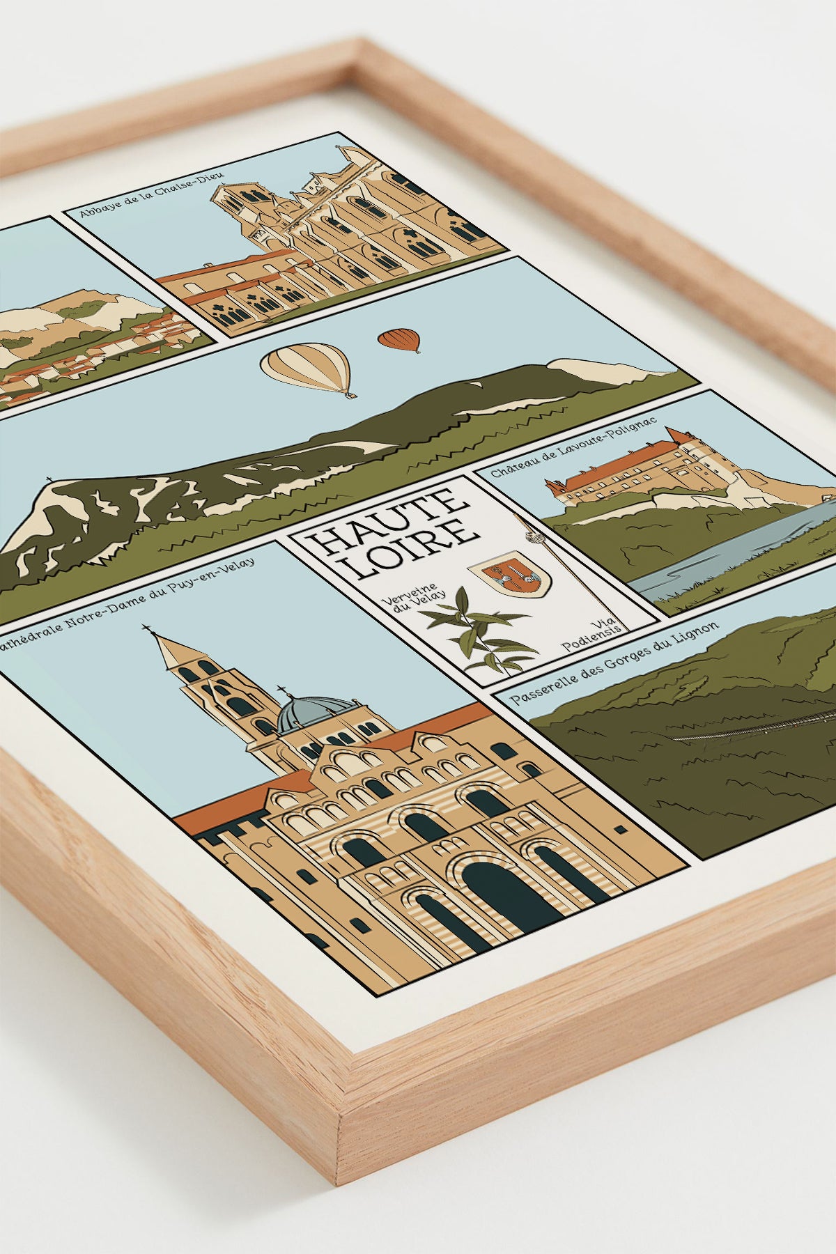 Affiche Haute-Loire – illustration BD minimaliste des monuments et paysages emblématiques du département Haute-Loire
