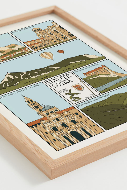 Affiche Haute-Loire – illustration BD minimaliste des monuments et paysages emblématiques du département Haute-Loire