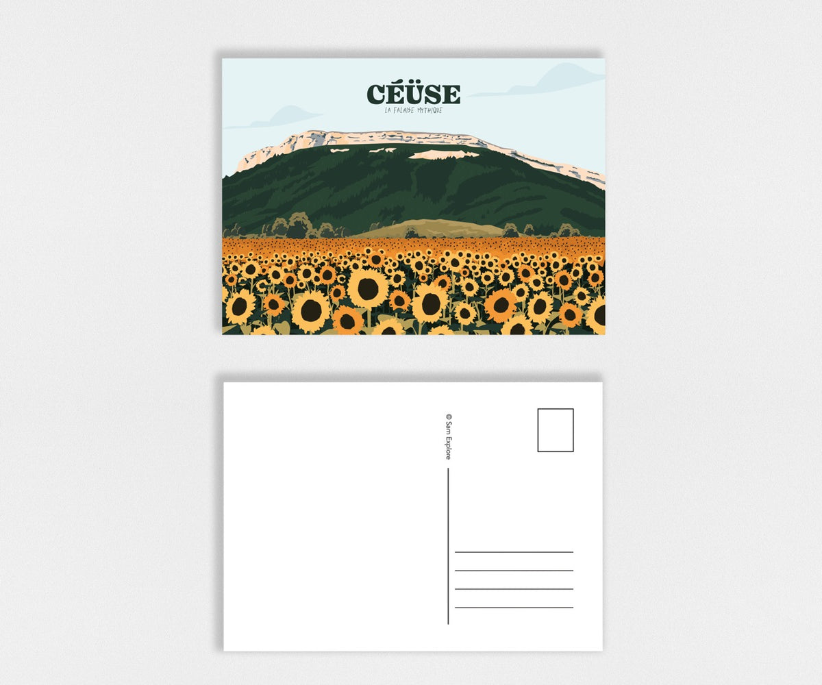 Carte postale Céüse illustrant un champ de tournesols jaunes devant la falaise de Céüse dans les Hautes-Alpes