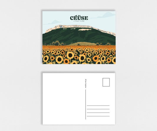 Carte postale Céüse illustrant un champ de tournesols jaunes devant la falaise de Céüse dans les Hautes-Alpes
