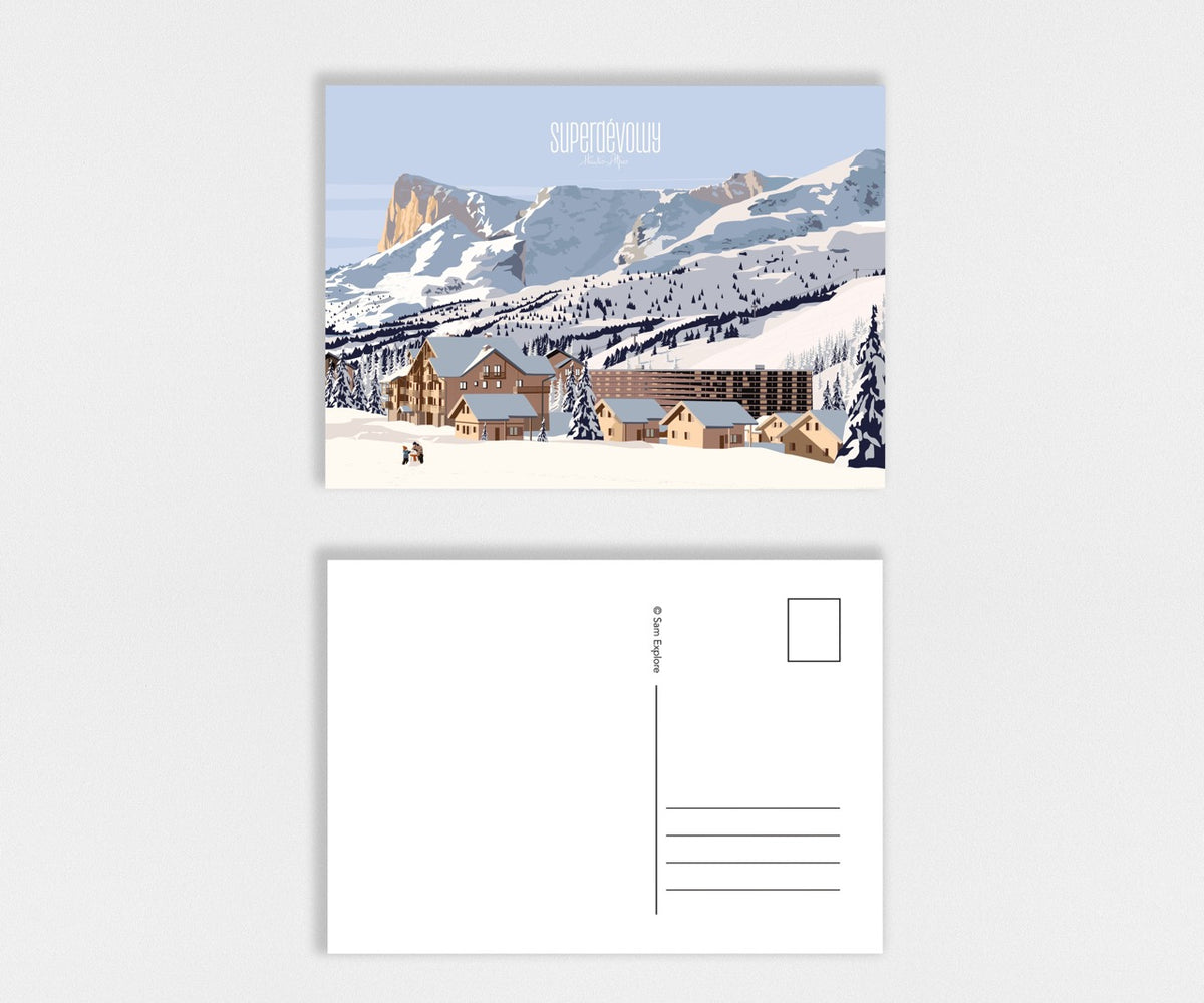 Carte postale Superdévoluy représentant la station de ski enneigée avec le Pic de Bure en arrière-plan
