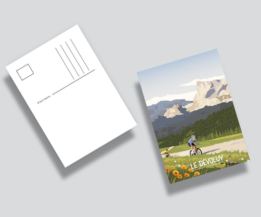 carte postale le dévoluy à vélo, avec le pic de bure en fond