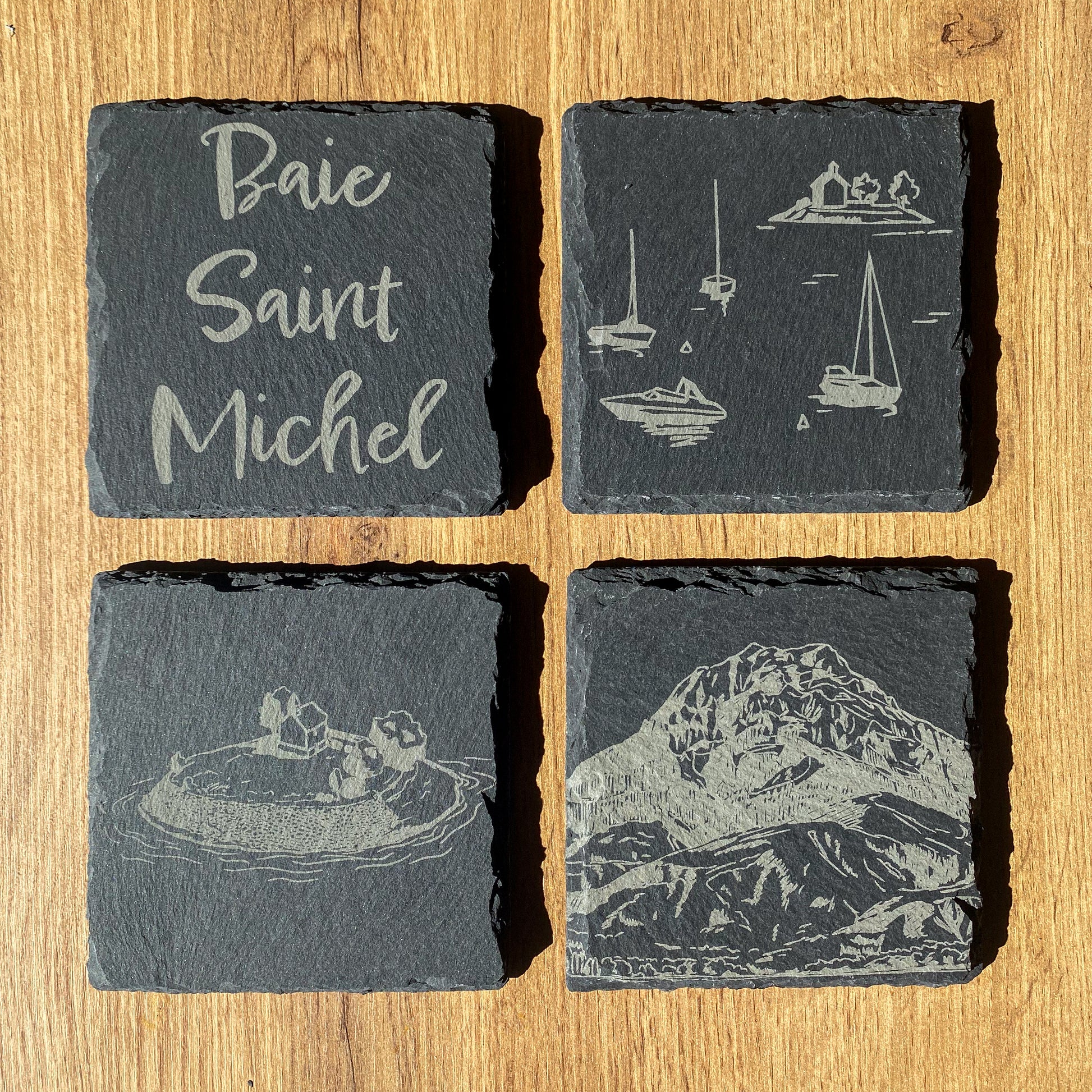 Set de dessous de verre en ardoise illustrant la Baie Saint-Michel au Lac de Serre-Ponçon