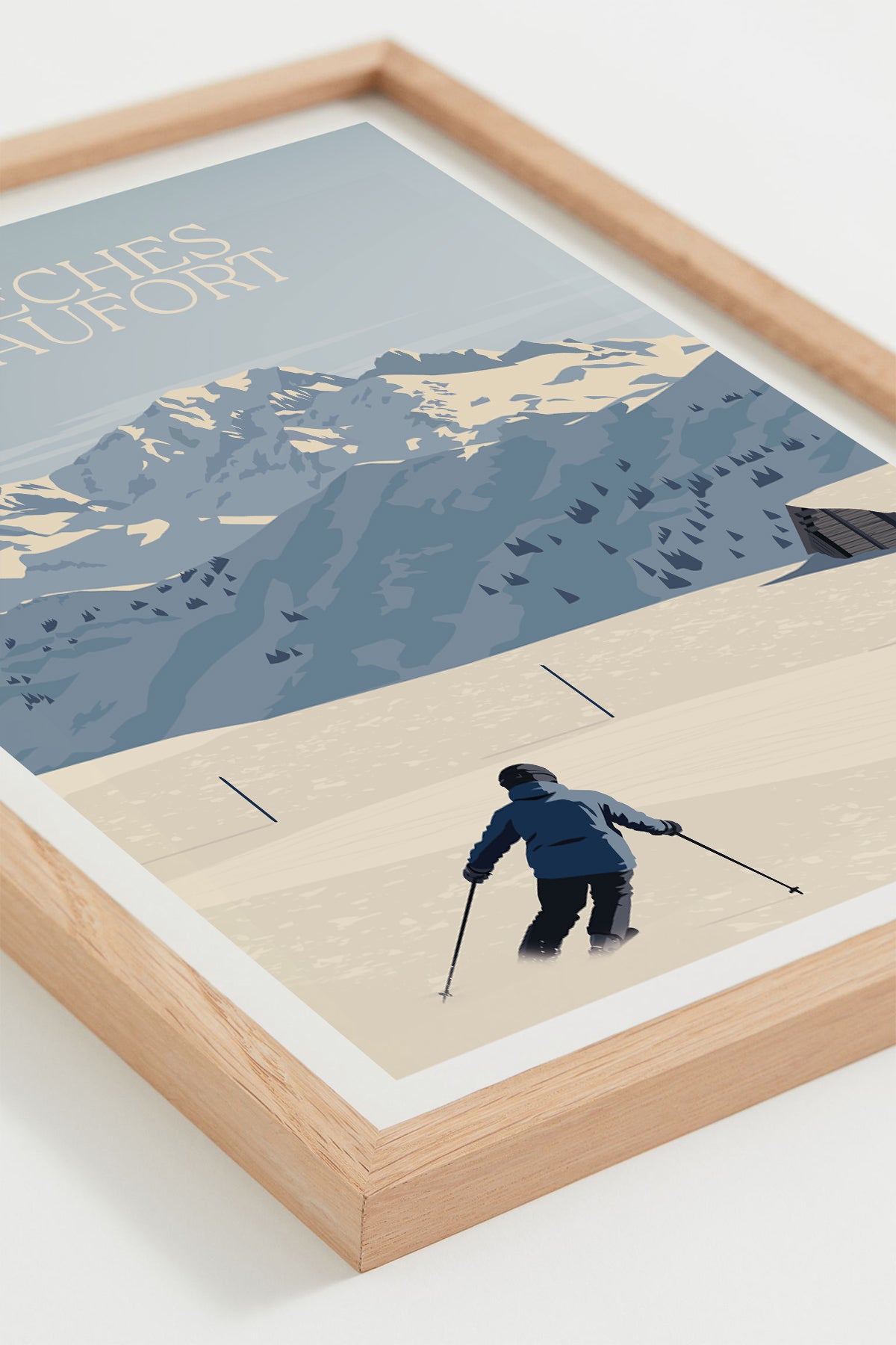 Affiche de ski Arêches-Beaufort représentant les pistes enneigées du Beaufortain et le Mont-Blanc, présentée en décoration murale