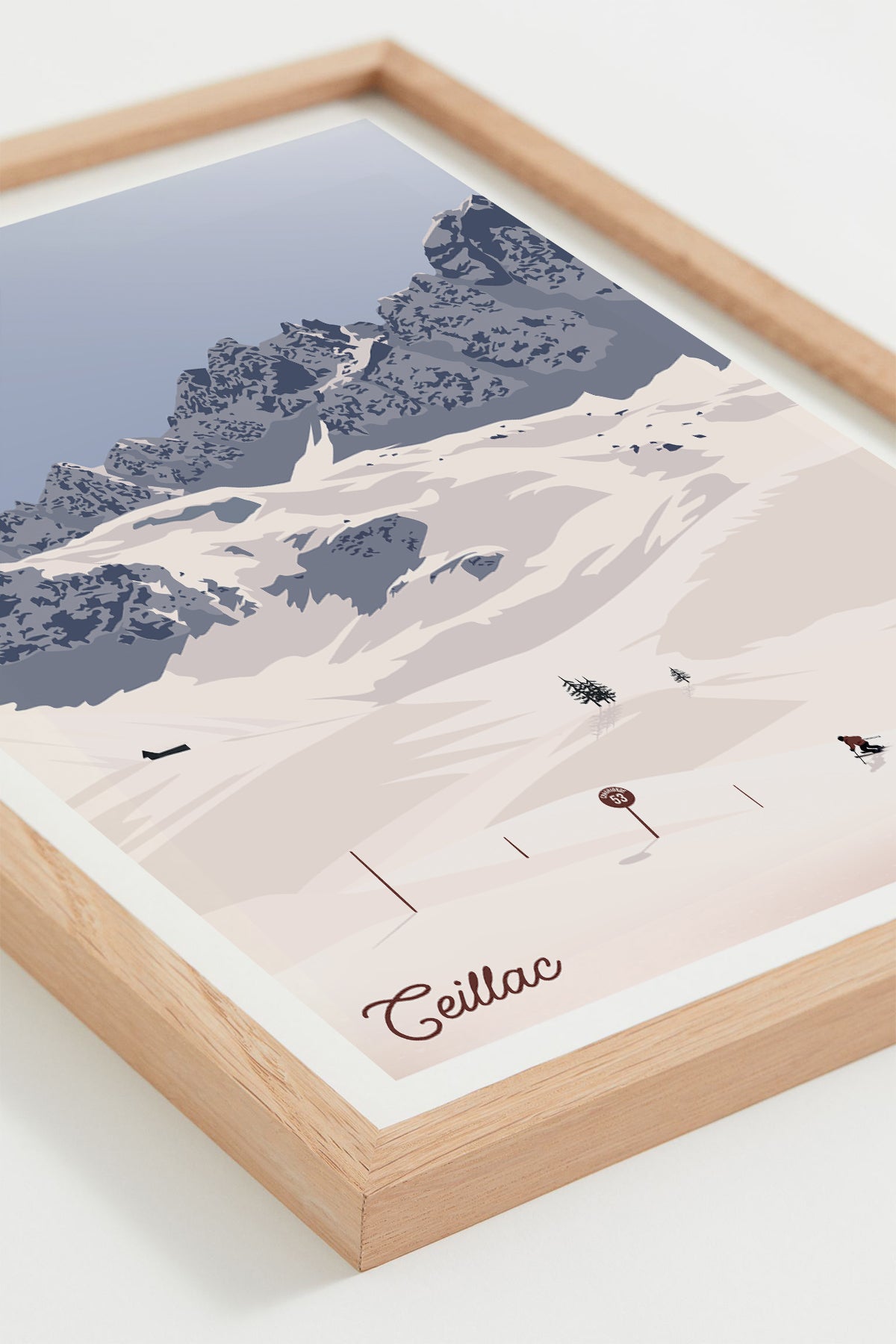 Affiche de ski Ceillac illustrant un skieur sur les pistes enneigées du domaine skiable, présentée en décoration murale