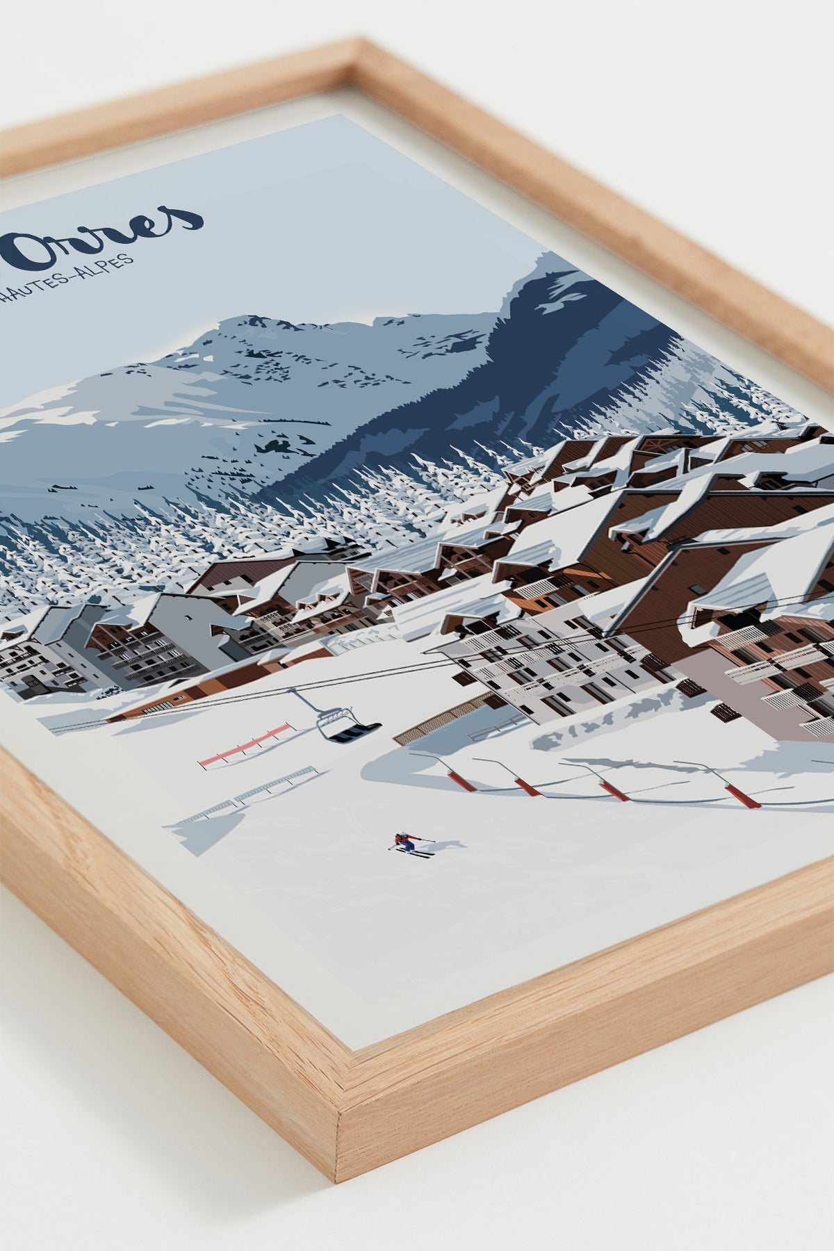 Poster de ski Les Orres 1800 illustrant les chalets de Bois Méan et un skieur sur les pistes, présenté en décoration murale