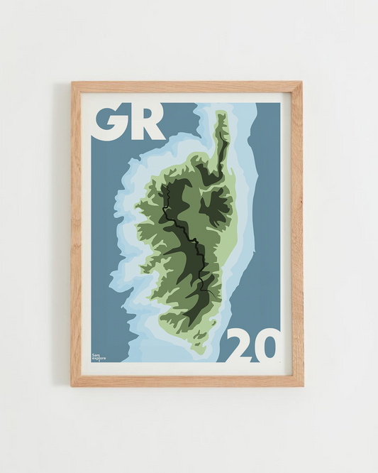 Affiche Corse – sentier du GR20 à travers les montagnes, cadre bois clair