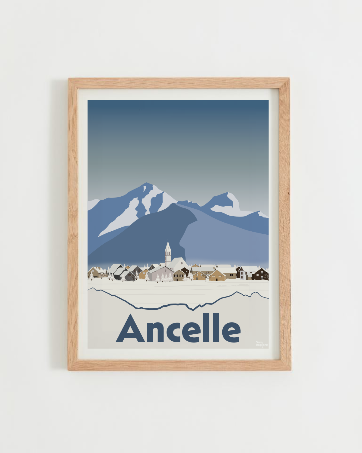 Affiche Ancelle – clocher, Arche et Aiguille d’Ancelle, cadre bois clair
