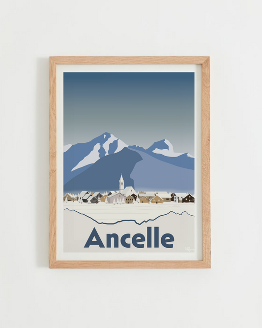 Affiche Ancelle – clocher, Arche et Aiguille d’Ancelle, cadre bois clair