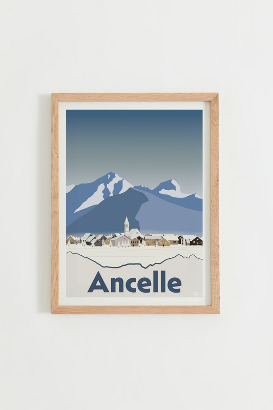 Affiche Ancelle – clocher, Arche et Aiguille d’Ancelle, cadre bois clair