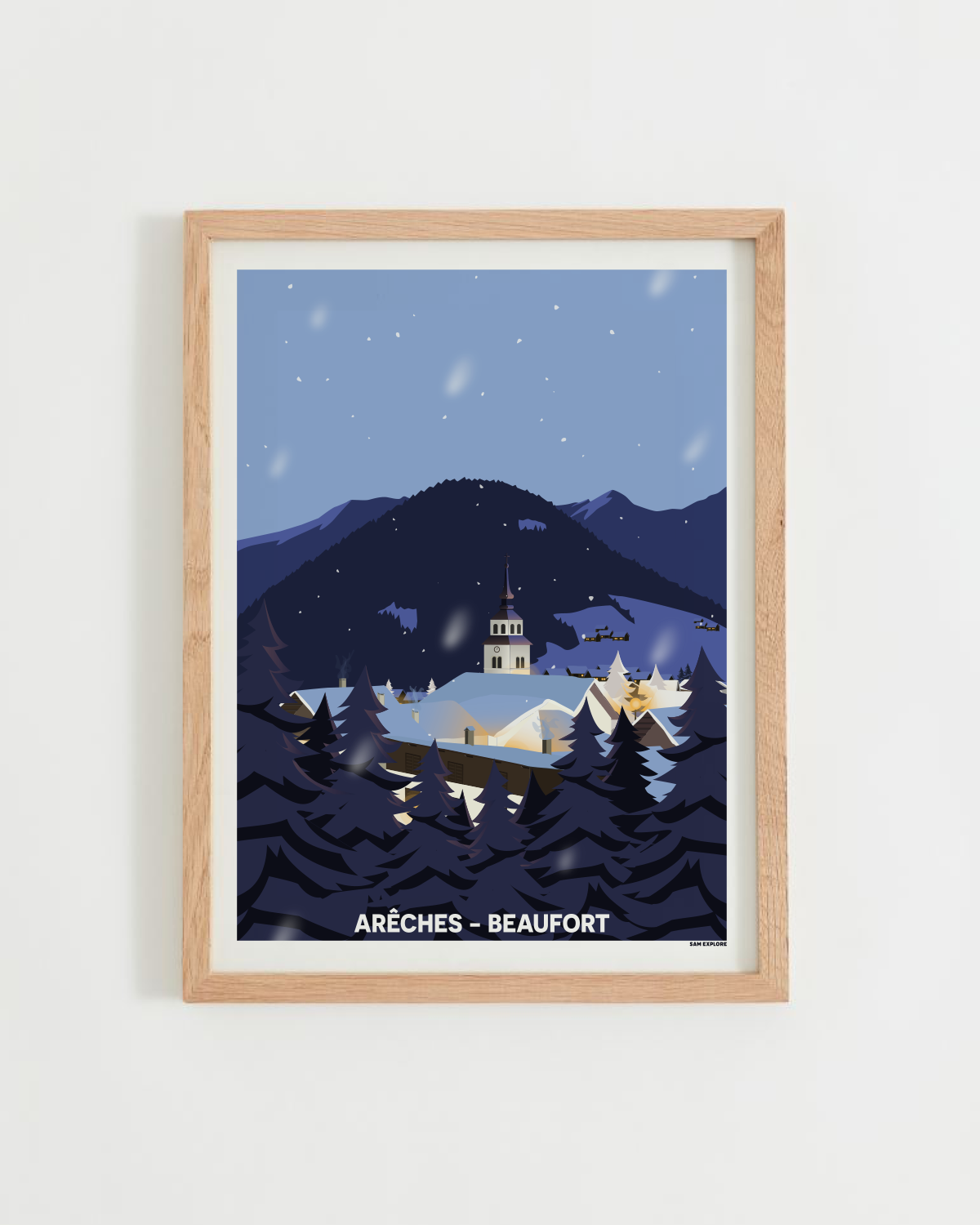 Affiche Arêches-Beaufort Nuit – village sous la neige, cadre bois clair