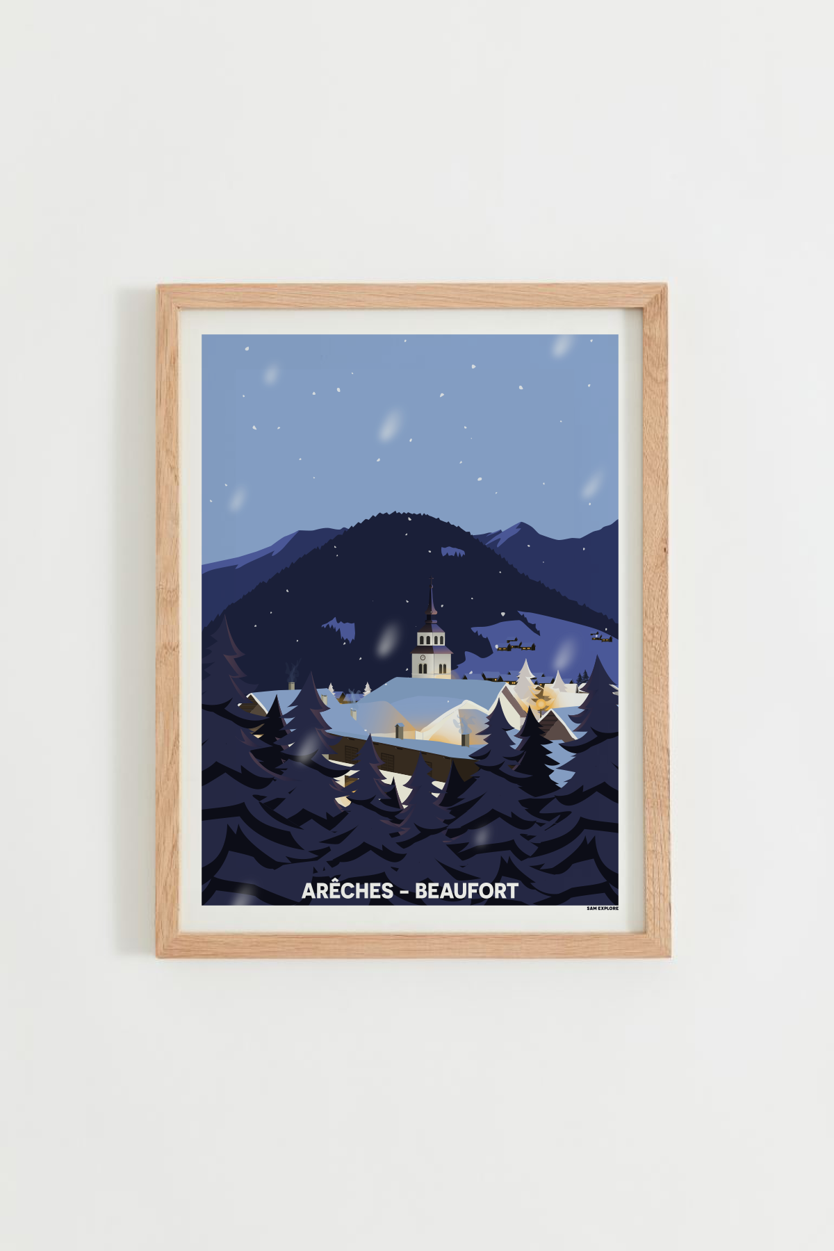 Affiche Arêches-Beaufort Nuit – village sous la neige, cadre bois clair
