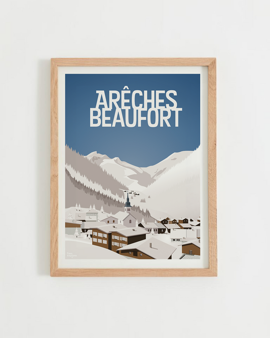 Affiche Arêches-Beaufort – village alpin enneigé, cadre bois clair