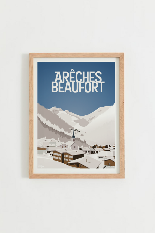 Affiche Arêches-Beaufort – village alpin enneigé, cadre bois clair