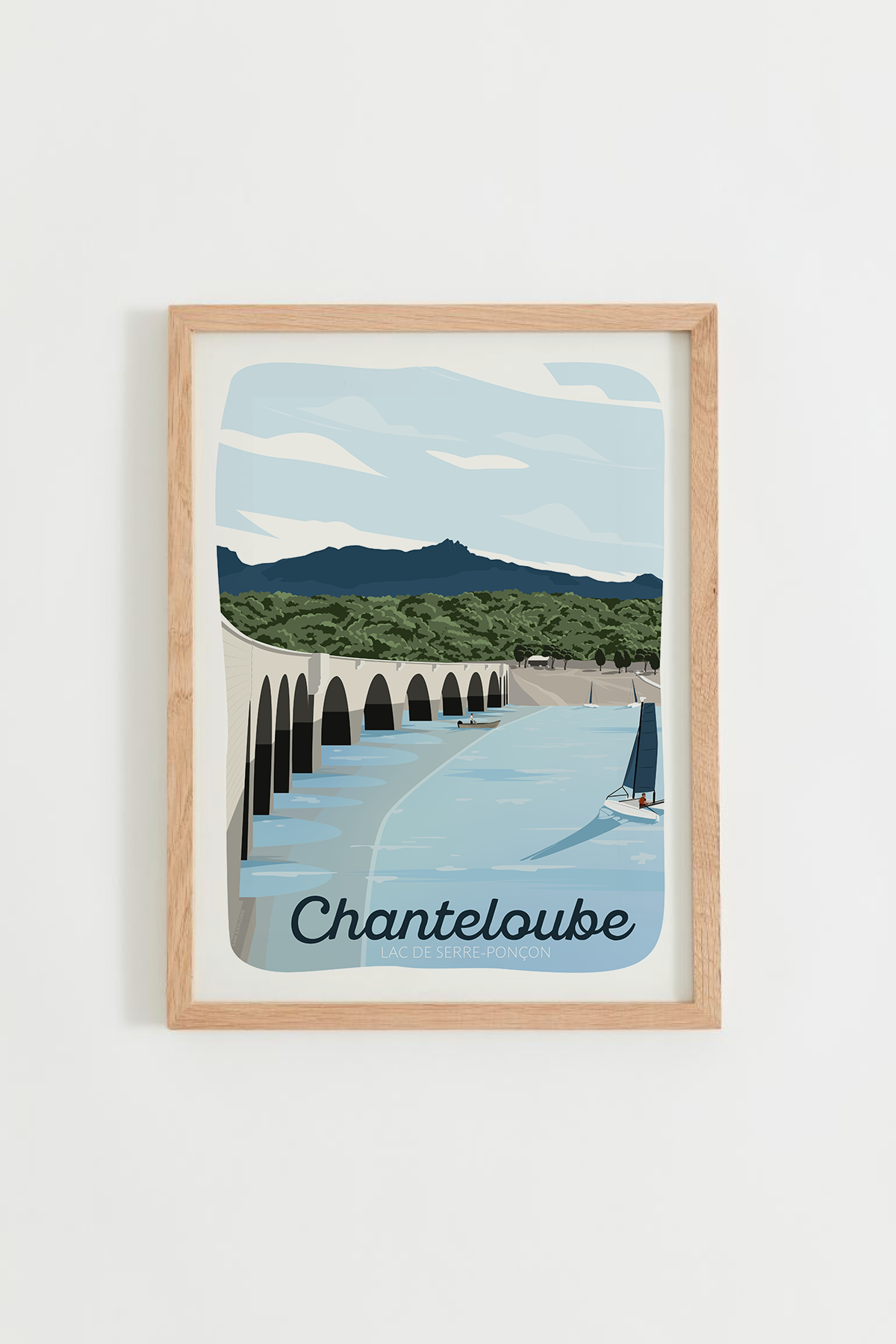 Affiche Baie de Chanteloube – viaduc et lac de Serre-Ponçon, cadre bois clair