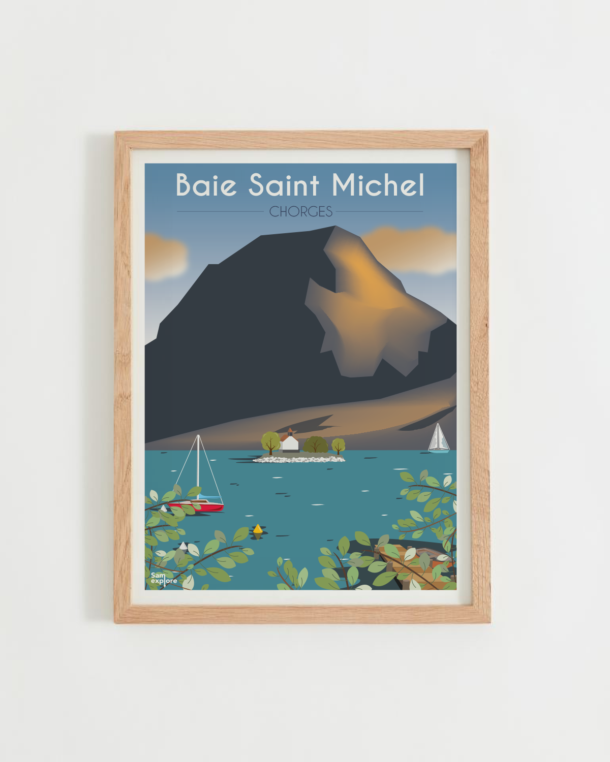 Affiche Baie Saint-Michel – chapelle et Pic du Morgon, cadre bois clair