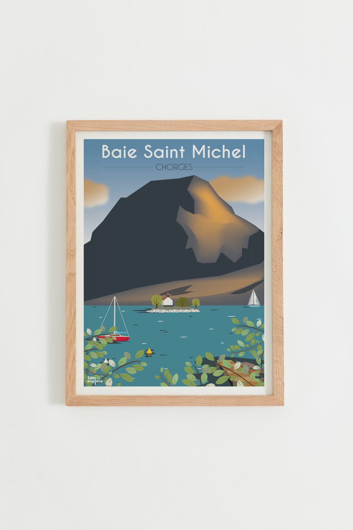 Affiche Baie Saint-Michel – chapelle et Pic du Morgon, cadre bois clair