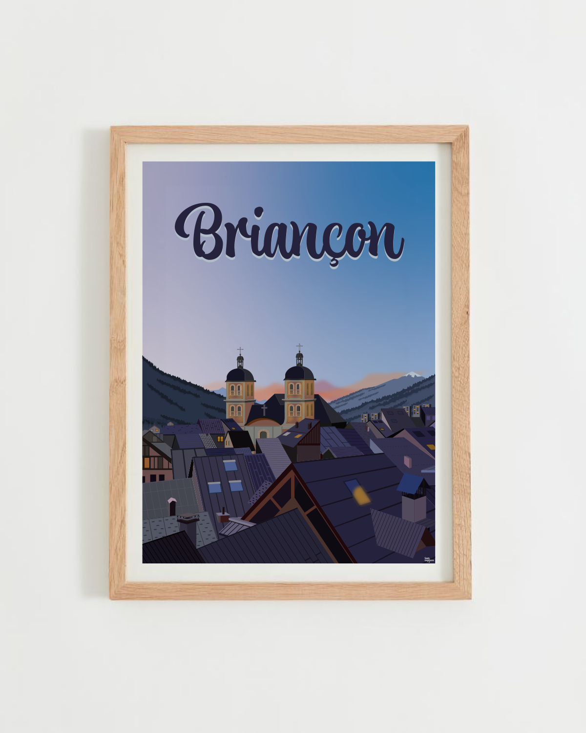 Affiche Briançon – toits de la vieille ville et église au coucher de soleil, cadre bois clair