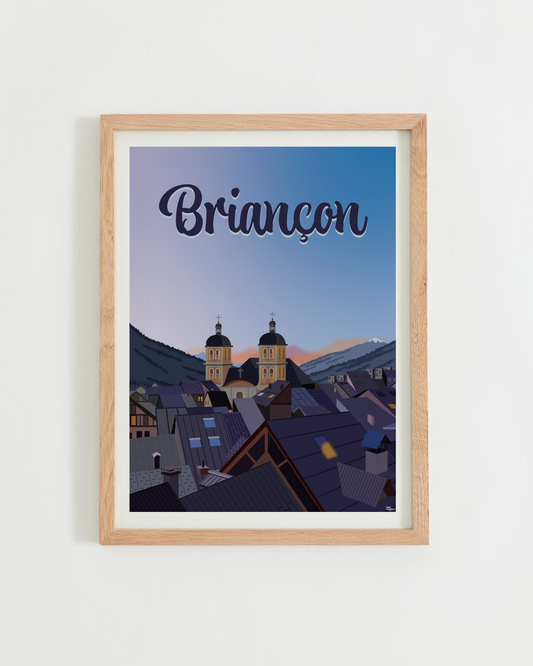 Affiche Briançon – toits de la vieille ville et église au coucher de soleil, cadre bois clair