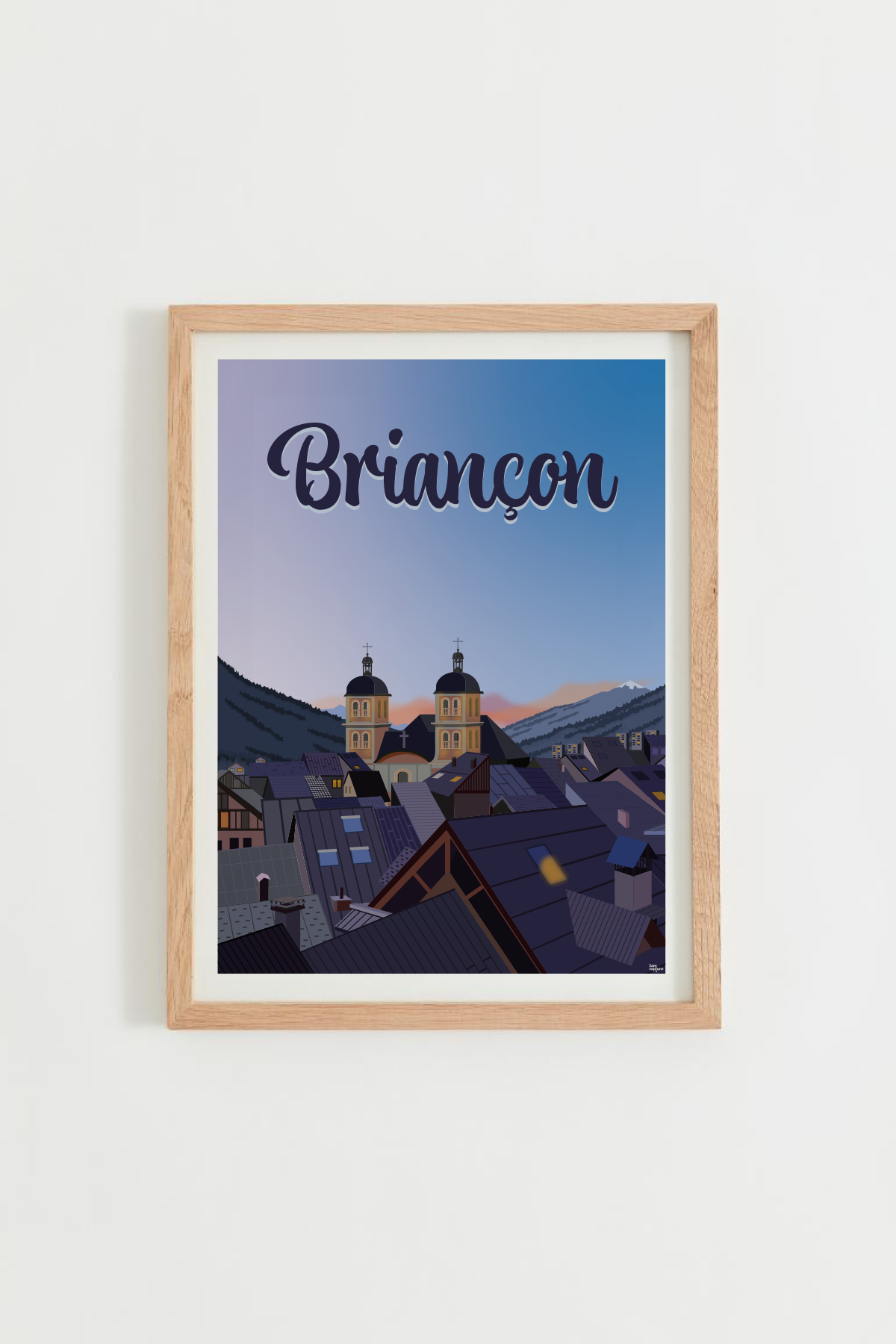 Affiche Briançon – toits de la vieille ville et église au coucher de soleil, cadre bois clair