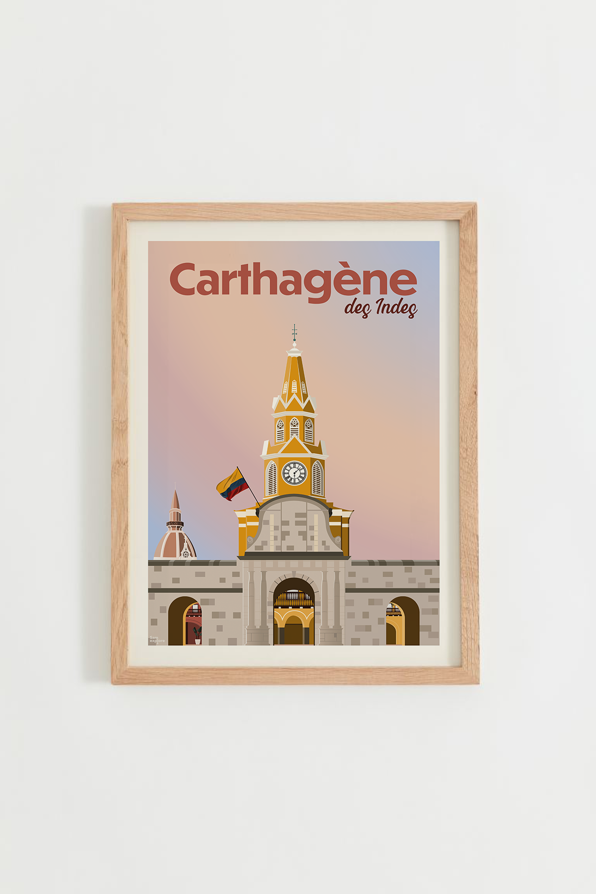 Affiche Carthagène des Indes – Porte de l’Horloge et cathédrale, cadre bois clair