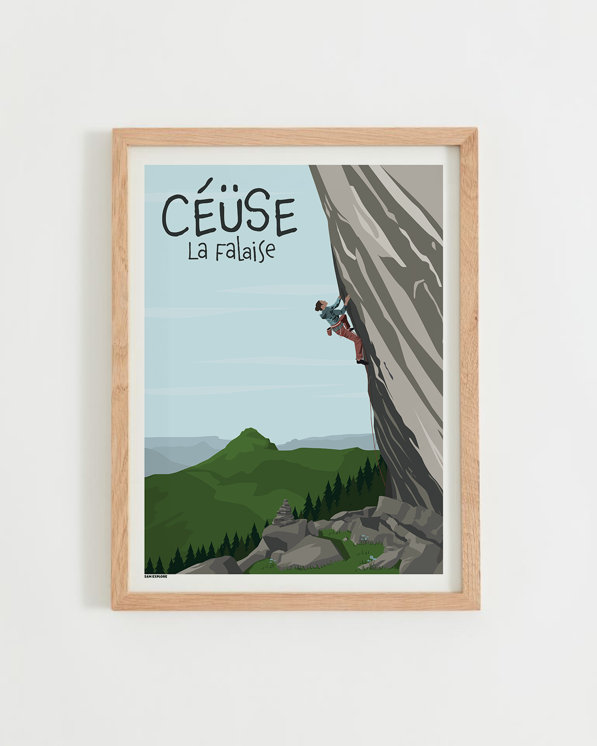 Affiche Céüse – falaise d’escalade des Hautes-Alpes, cadre bois clair