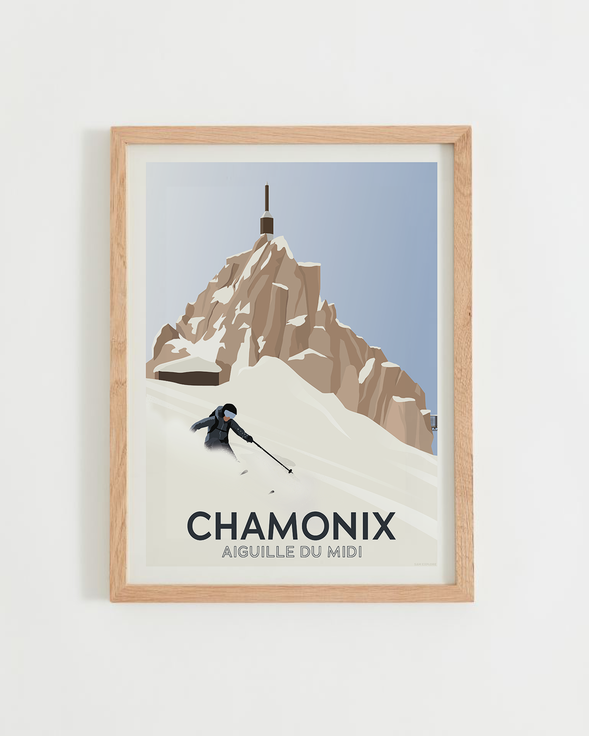 Affiche Chamonix – skieur et Aiguille du Midi sous la neige, cadre bois