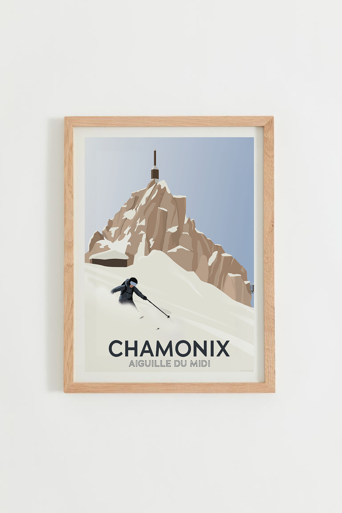 Affiche Chamonix – skieur et Aiguille du Midi sous la neige, cadre bois