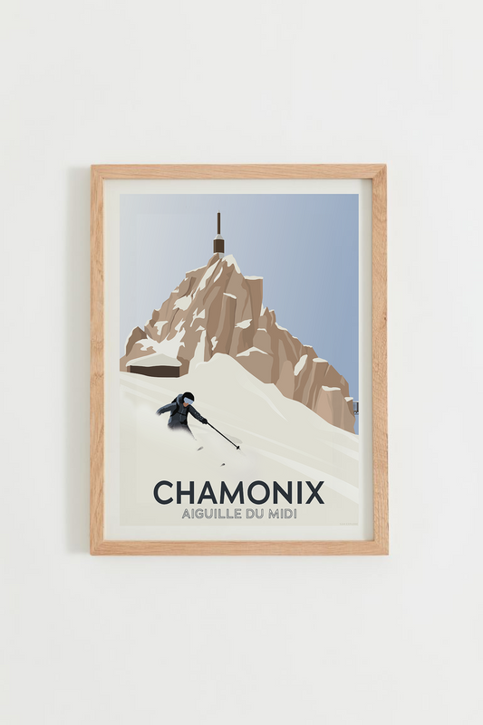 Affiche Chamonix – skieur et Aiguille du Midi sous la neige, cadre bois