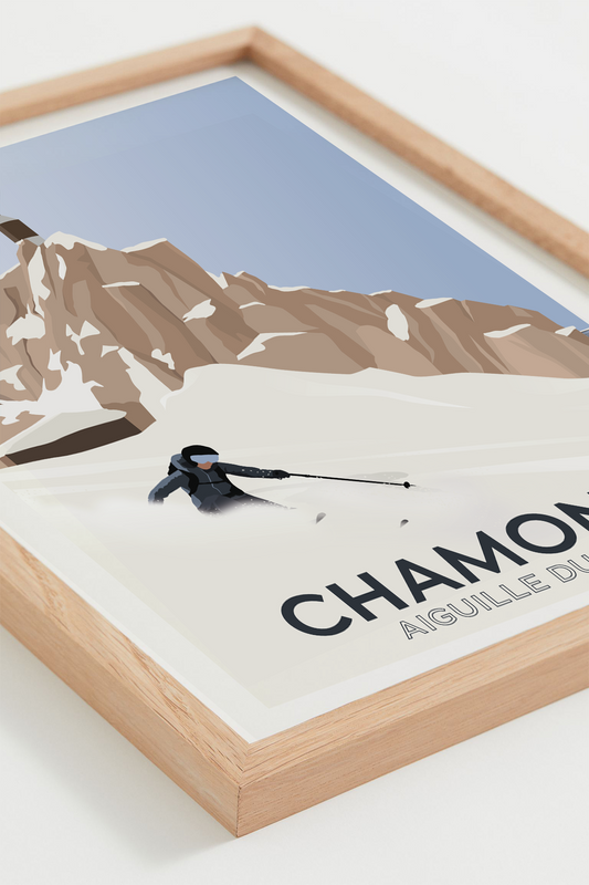 Affiche Chamonix – descente alpine face à l’Aiguille du Midi, cadre naturel