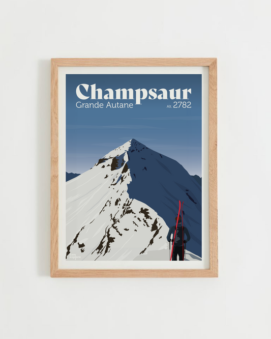 Affiche Grande Autane – skieur sur les crêtes du Champsaur devant la montagne enneigée, cadre bois clair