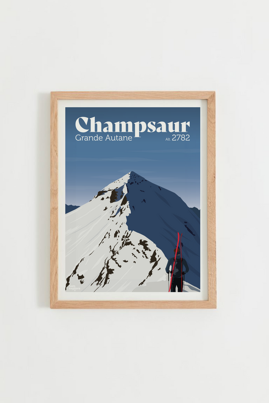 Affiche Grande Autane – skieur sur les crêtes du Champsaur devant la montagne enneigée, cadre bois clair