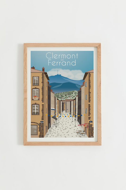 Affiche Clermont-Ferrand – rue de la cathédrale avec le Puy de Dôme en fond, cadre bois clair