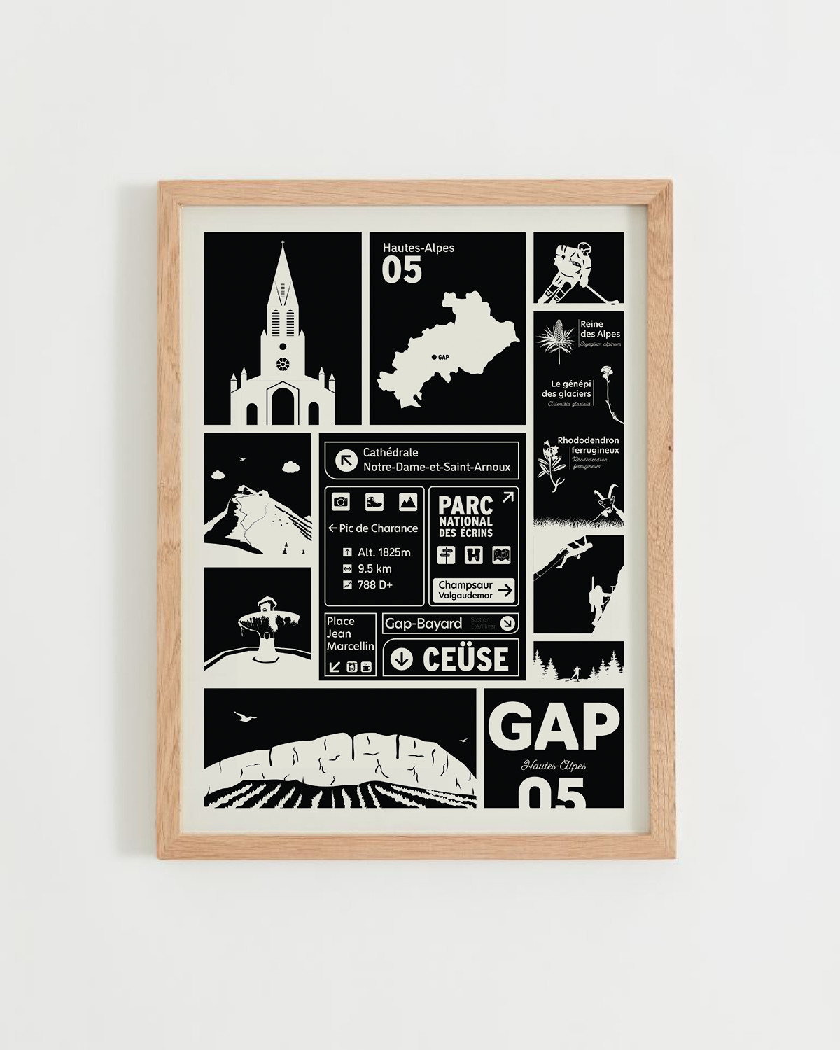 Affiche Gap – illustration noir et blanc de la ville et du Pic de Charance, cadre bois clair