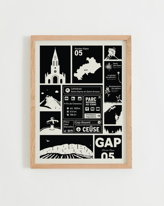 Affiche Gap – illustration noir et blanc de la ville et du Pic de Charance, cadre bois clair