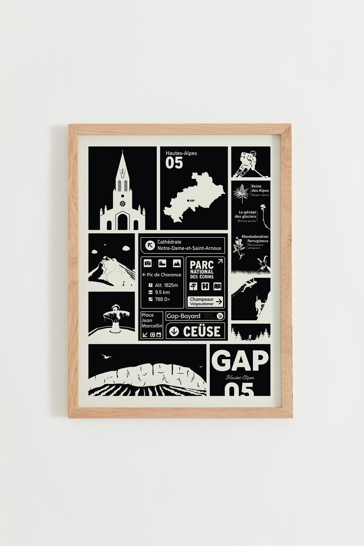 Affiche Gap – illustration noir et blanc de la ville et du Pic de Charance, cadre bois clair