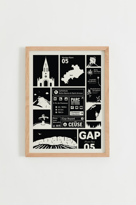 Affiche Gap – illustration noir et blanc de la ville et du Pic de Charance, cadre bois clair