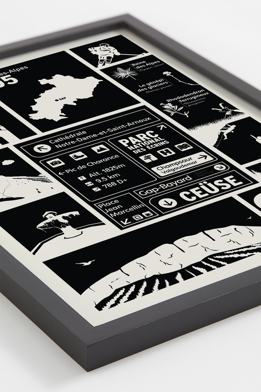 Affiche Gap – dessin de la ville et du Parc des Écrins, cadre naturel