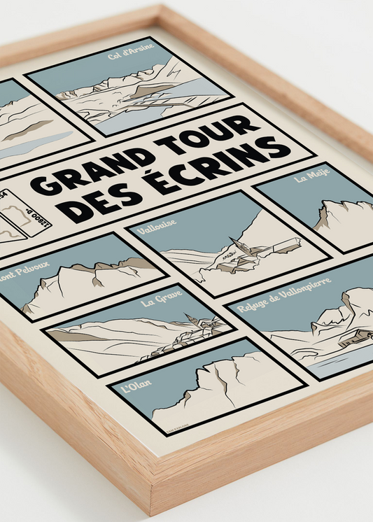 Affiche GR54 – randonneurs dans le Parc National des Écrins, cadre naturel