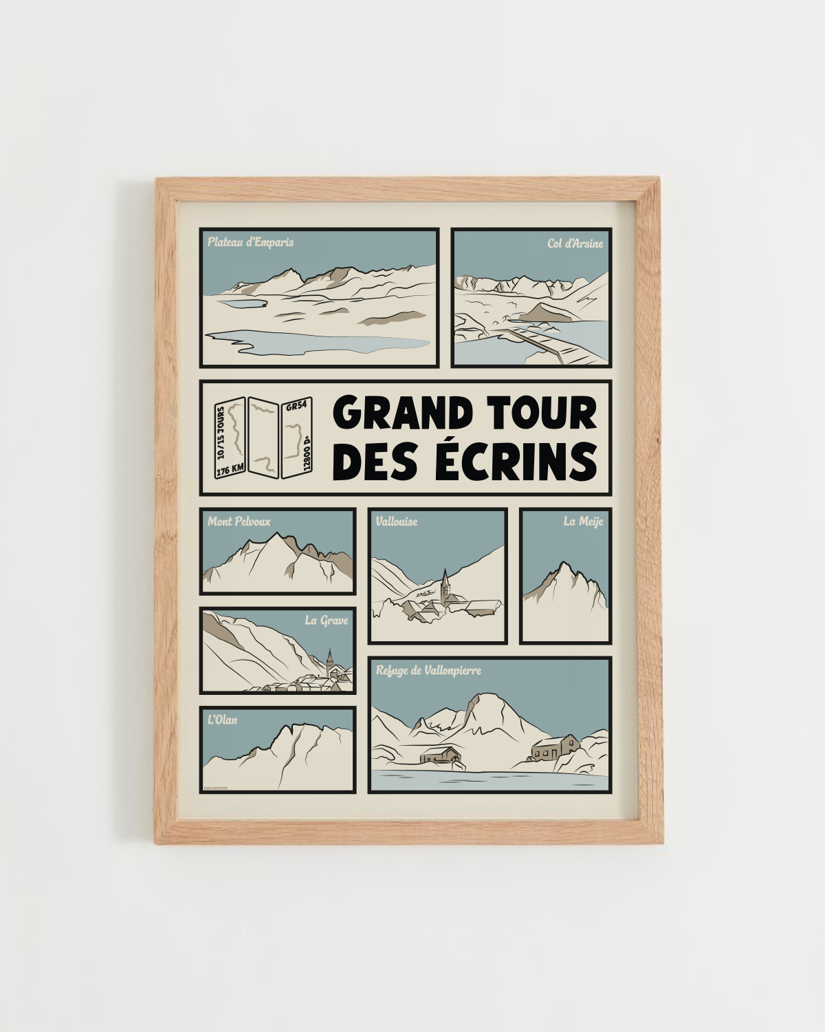 Affiche Grand Tour des Écrins – GR54 et sommets alpins, cadre chêne clair