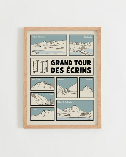 Affiche Grand Tour des Écrins – GR54 et sommets alpins, cadre chêne clair