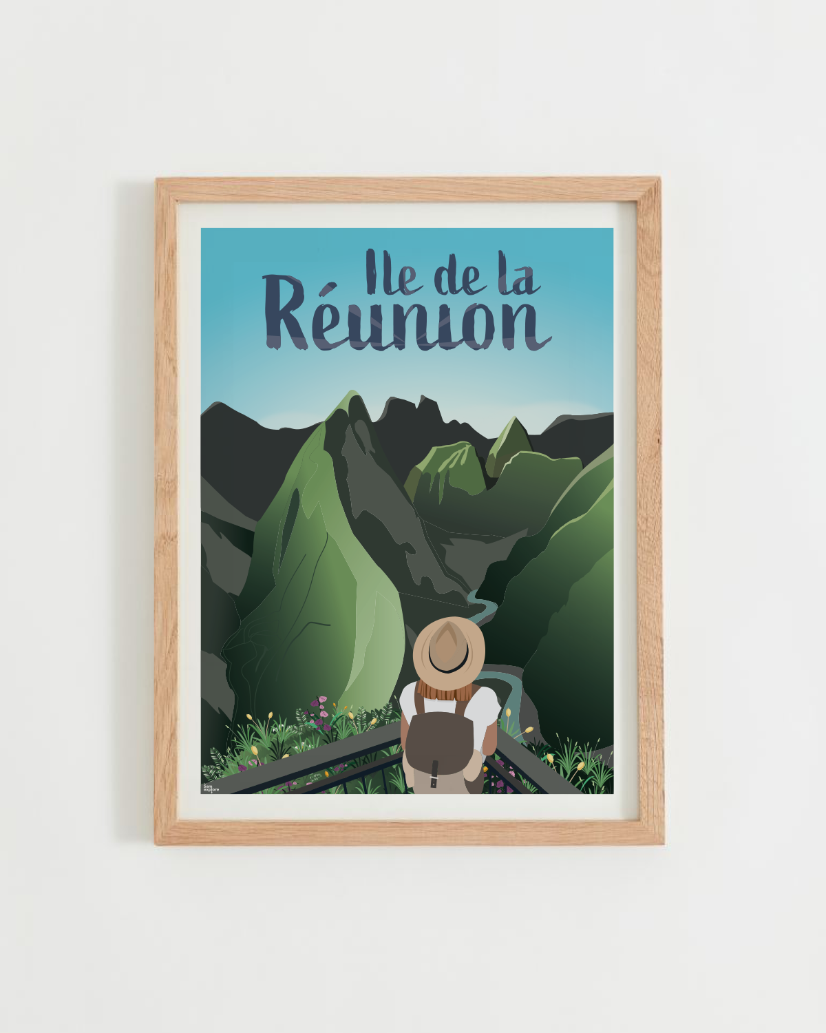 Affiche Île de la Réunion – vue du Cap Noir sur le cirque de Mafate, cadre bois clair