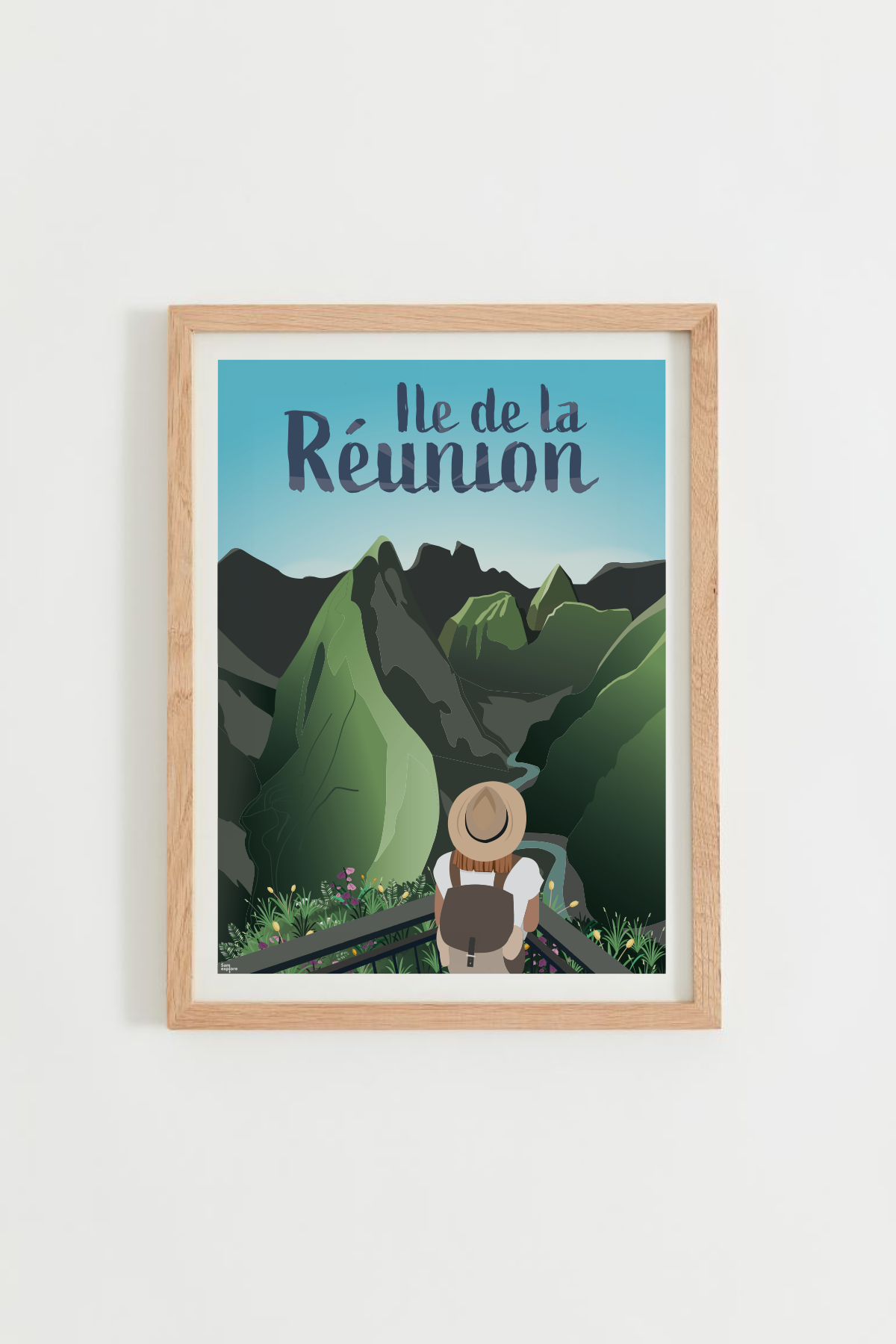 Affiche Île de la Réunion – vue du Cap Noir sur le cirque de Mafate, cadre bois clair