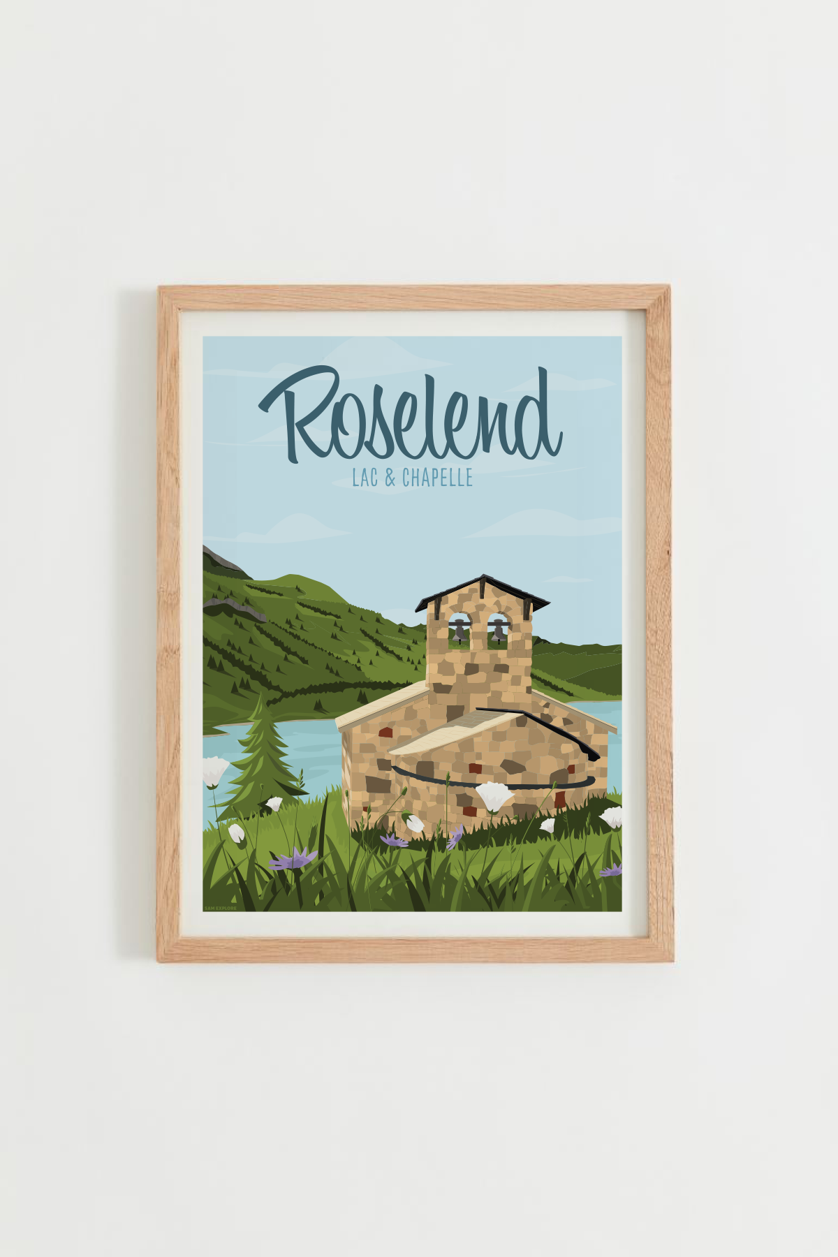 Affiche Lac de Roselend – chapelle Sainte Marie Madeleine et lac turquoise, cadre bois clair
